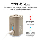משאבת אוויר ניידת WIDESEA בטעינת USB Type-C עם נורית חיווי סוללה אדומה לחלשה וכחולה לטעינה מלאה