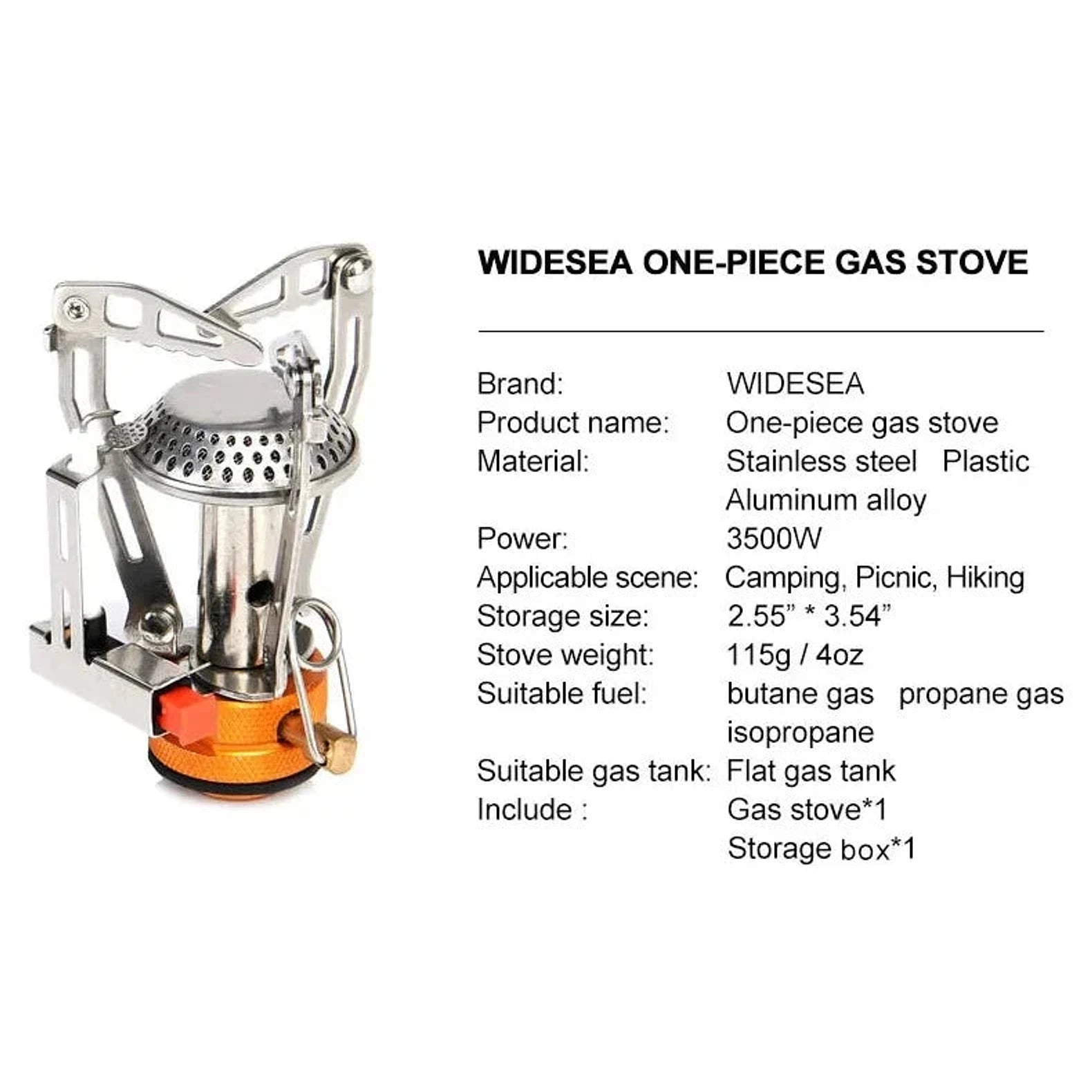 טבלת מפרט גזייה Widesea WSS-178 — נירוסטה, פלסטיק ואלומיניום, 3500 ואט, מיכל גז שטוח