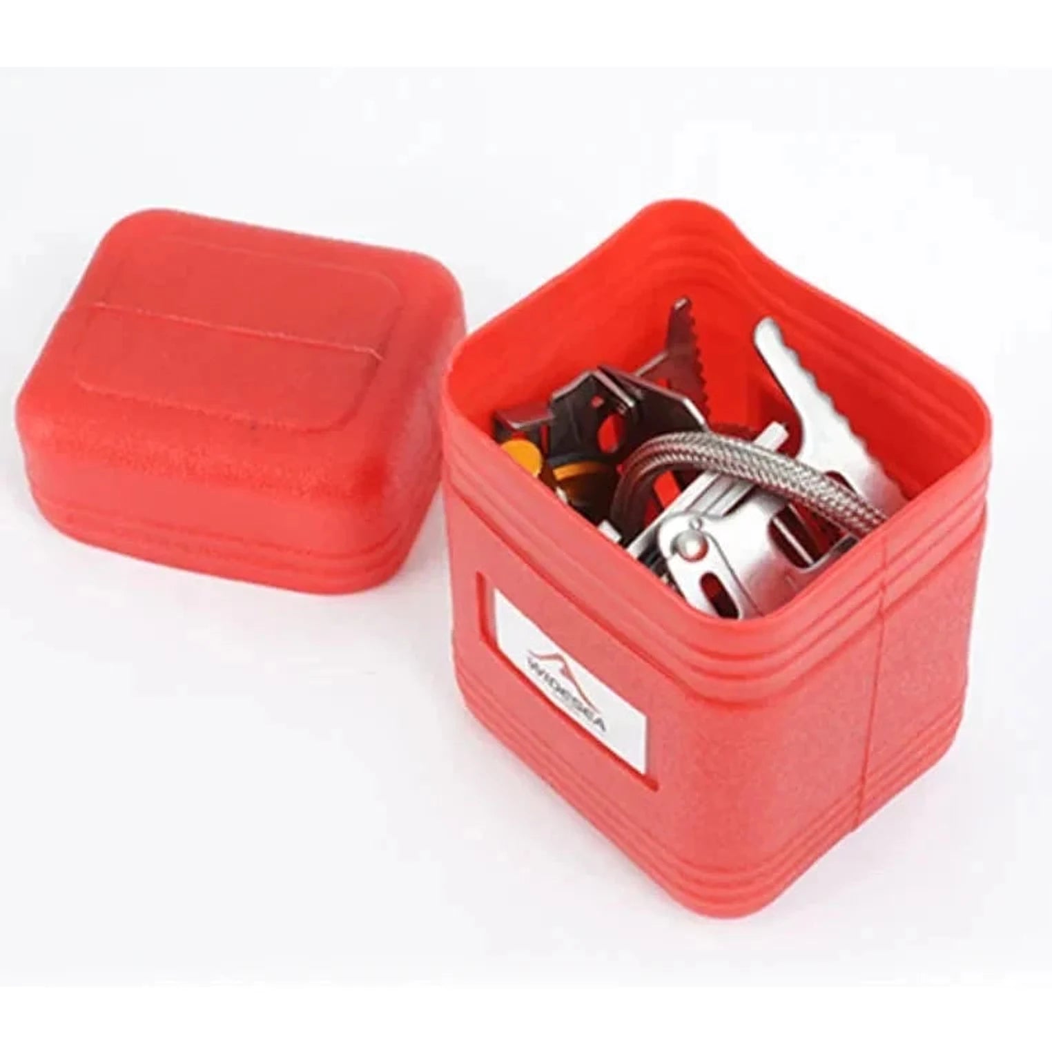 גזייה אלפינית Widesea WSS-201 מקופלת בקופסת אחסון פלסטית אדומה — גודל 8.3×6.2 ס"מ, מבט מפוצץ