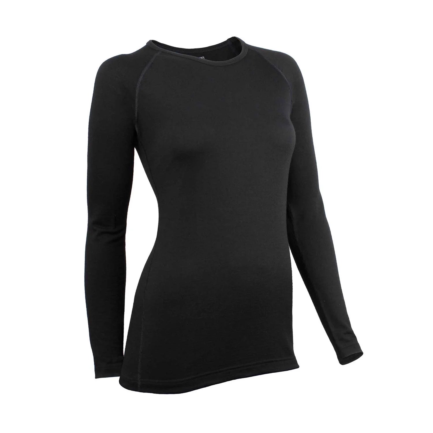חולצה תרמית לנשים Wilderness Wear Light Merino שחורה, 100% צמר מרינו אוסטרלי 160 גרם, שרוולים ארוכים, מבט אלכסוני