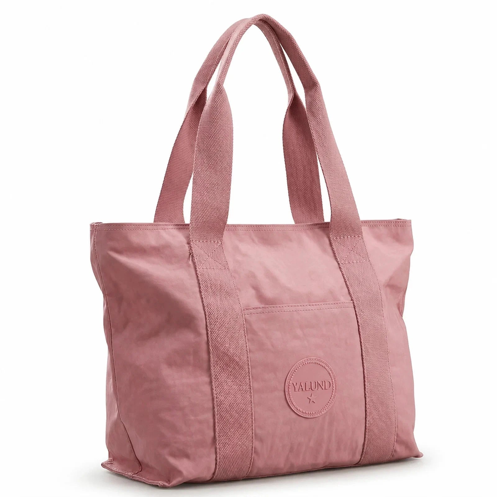 תיק נשיאה YALUNDISI Tote Glossy Bag בבד סטון ווש מבריק בצבע ורוד עתיק - מבט קדמי עם ידיות נשיאה
