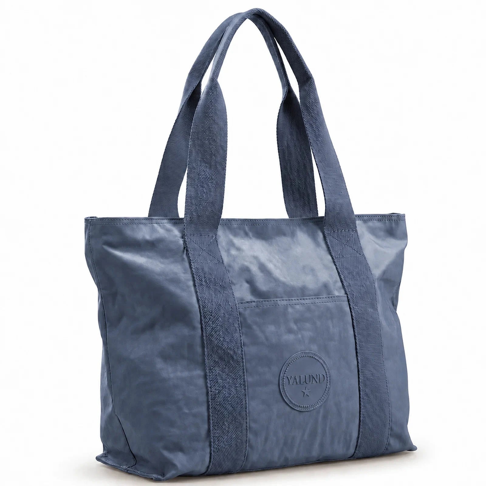 תיק נשיאה YALUNDISI Tote Glossy Bag בבד סטון ווש מבריק בצבע כחול - מבט קדמי עם ידיות נשיאה