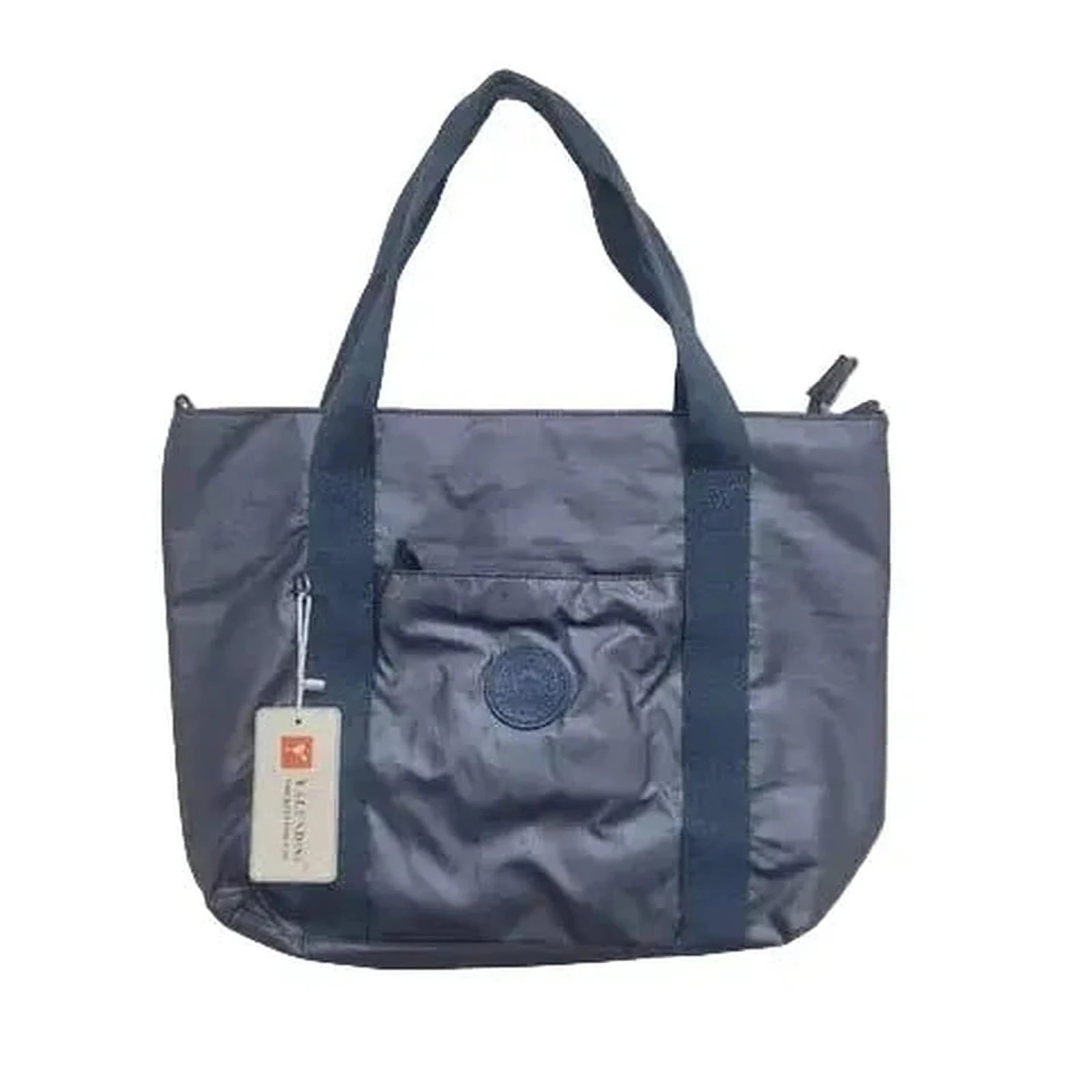 תקריב תווית המותג YALUNDISI על תיק Tote Glossy Bag בבד סטון ווש מבריק