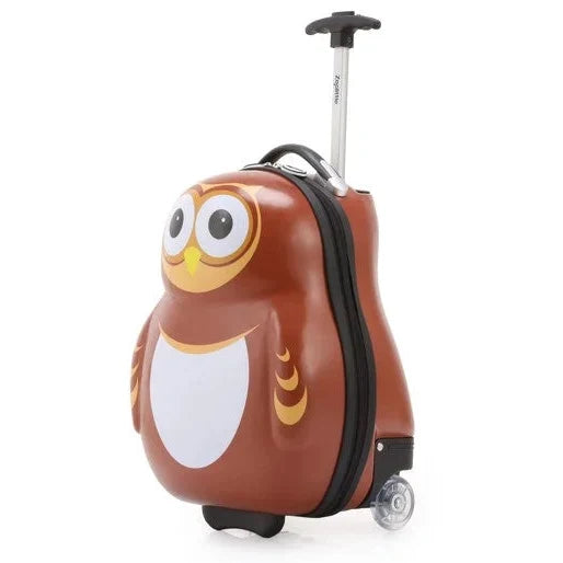 מזוודת ילדים קשיחה ZOOLITTLE דגם Owl ינשוף חום 16 אינץ׳, ידית טרולי נשלפת וגלגלי סיליקון, מבט זווית