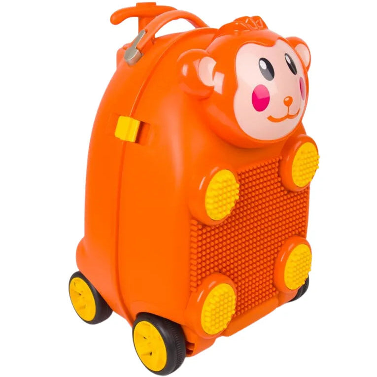 טרולי ZOOLITTLE Monkey LEGO 18 אינץ לילדים, מזוודה קשיחה כתומה עם ערכת לגו, מבט זווית הירו