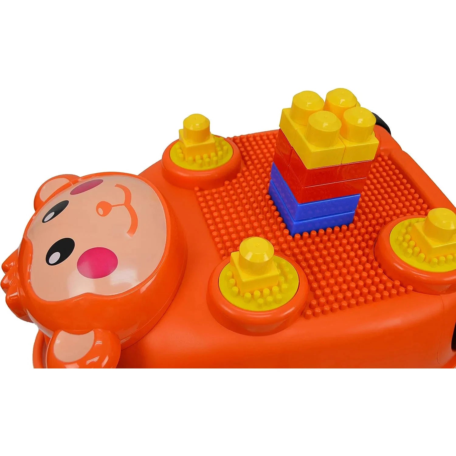 מזוודת ZOOLITTLE Monkey LEGO 18 אינץ, תקריב על משטח חיבור ואבני לגו מורכבות, מזוודה תואמת לגו