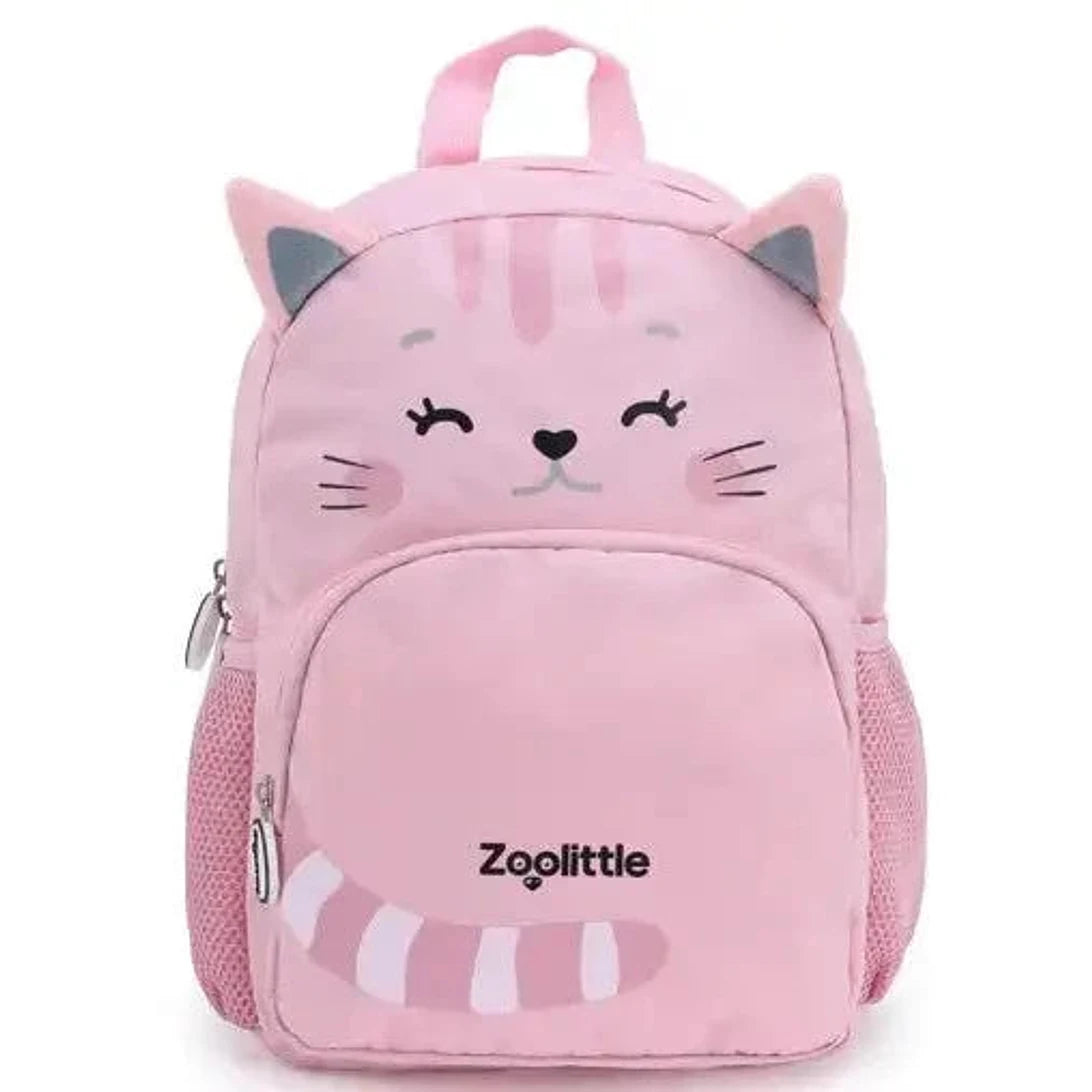 תיק גן לילדים ZOOLITTLE דגם Pink Cat1 בצבע ורוד, עם תא מרכזי ותא חיצוני בסגירת רוכסן, מבט מלפנים