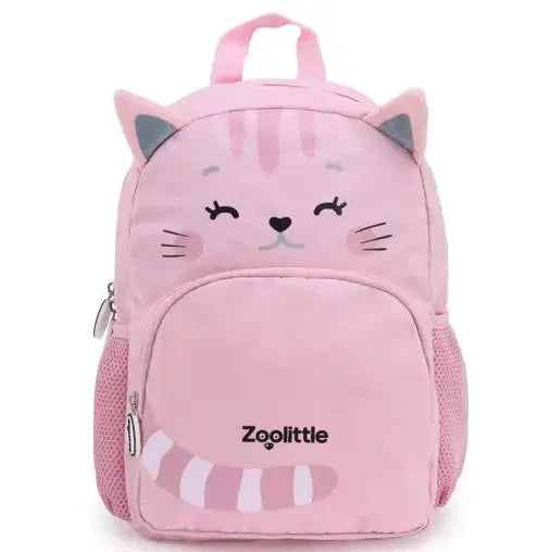תיק גן לילדים ZOOLITTLE דגם Pink Cat1 בצבע ורוד, עם תא מרכזי ותא חיצוני בסגירת רוכסן, מבט מלפנים