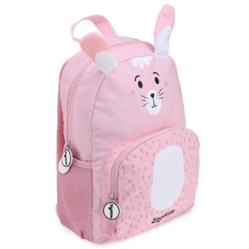 תיק גן ZOOLITTLE דגם Rabbit לילדים בצבע ורוד עם כיס רשת לבקבוק ותא חיצוני ברוכסן, מבט צד-קדמי